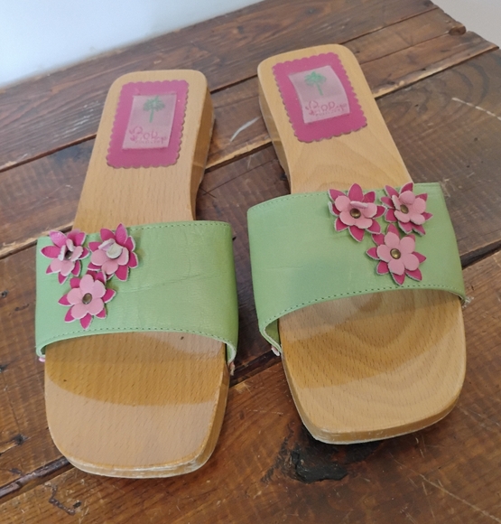 Lilly Pullitzer Vintage Green Leather Wooden Sandals Mules Floral Italy Size 10 - Picture 2 of 10